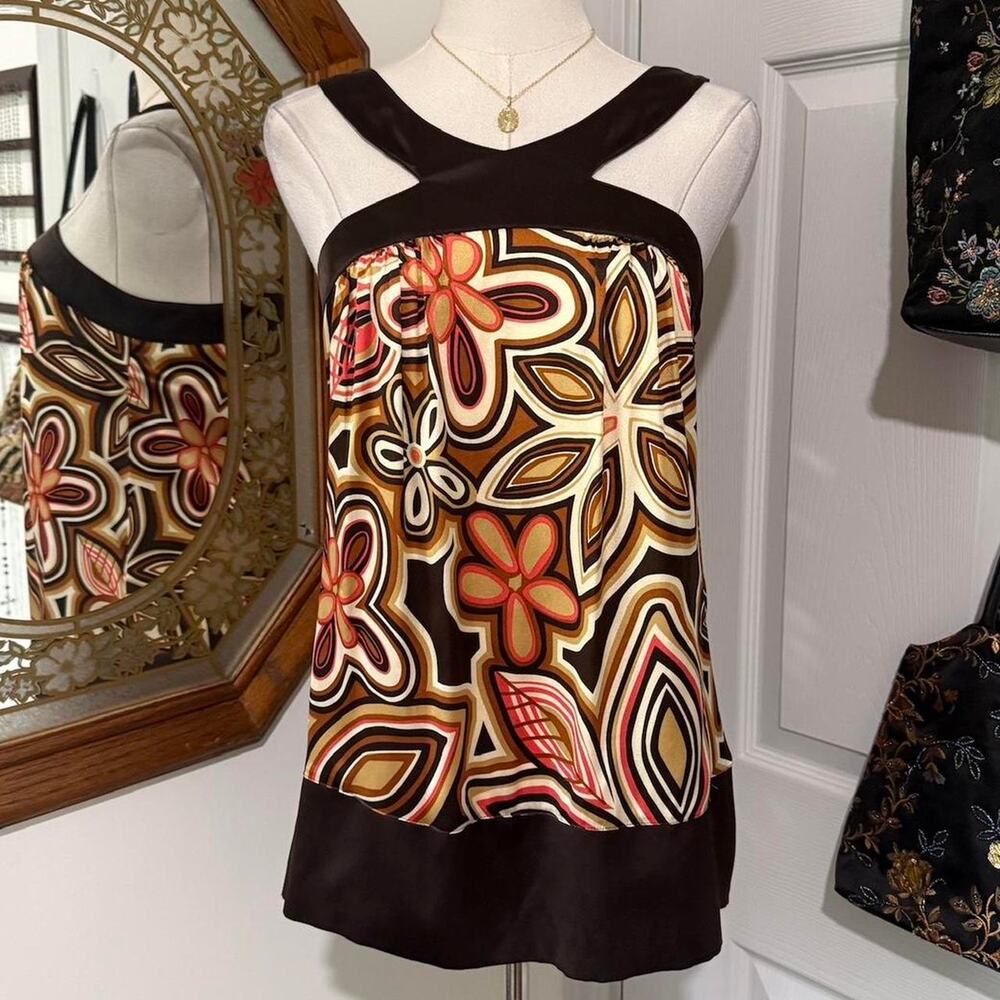 Y2K Arden B Dark Brown & Orange Silk Retro Floral Loose Fit Groovy Halter Top